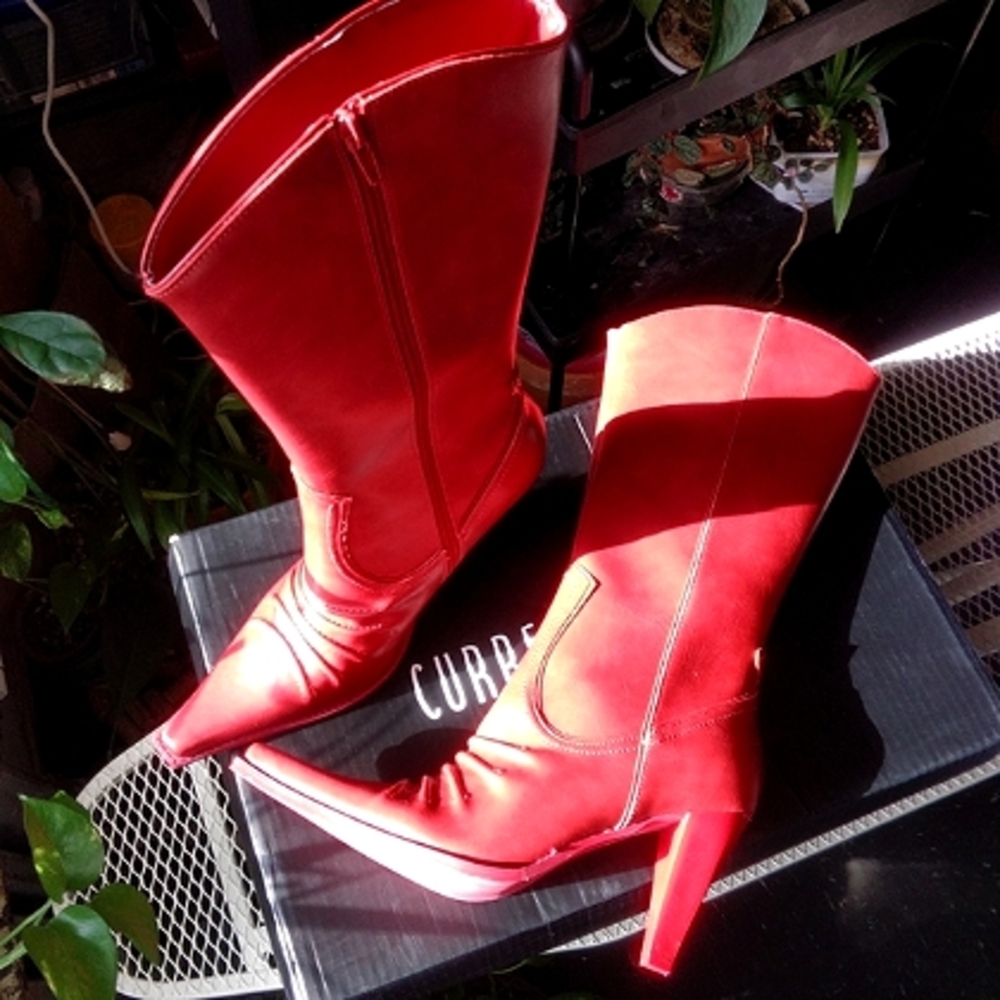 Dolls Kill Red Pointed-Toe Mid-Calf Heeled Boots - Picture 9 of 16